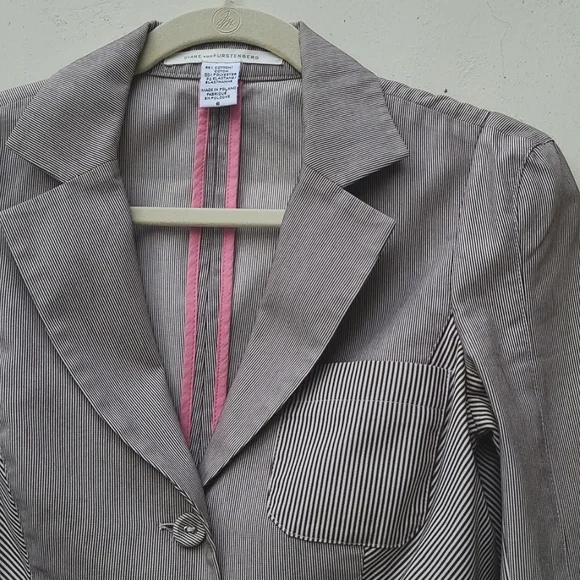 DIANE VON FURSTENBERG DVF Pinstriped Peplum Blazer 6 M Crop Jacket Seersucker - Picture 5 of 15